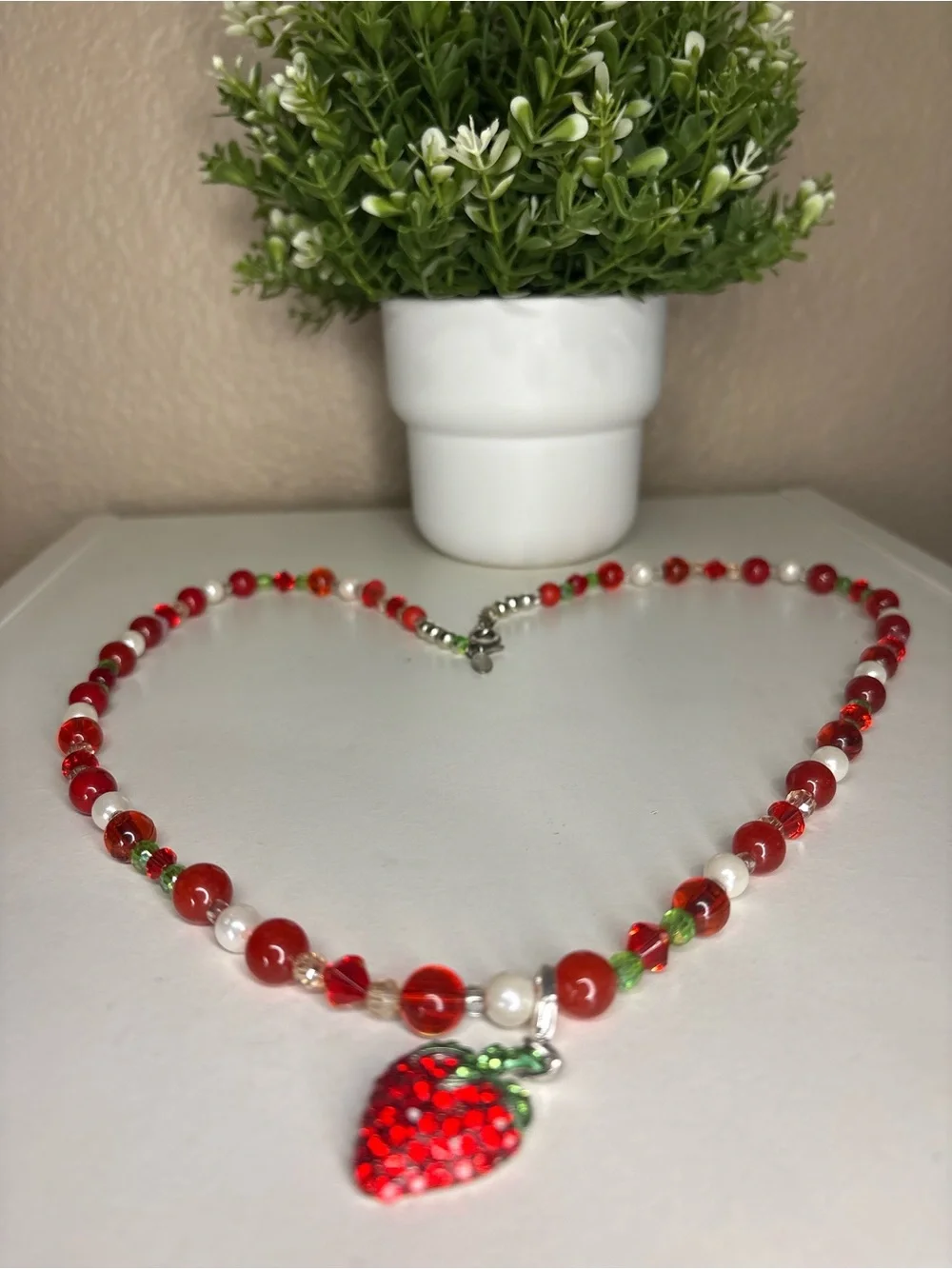Chico’s Crystal Rhinestone Strawberry Beaded Statement Necklace Red White Green